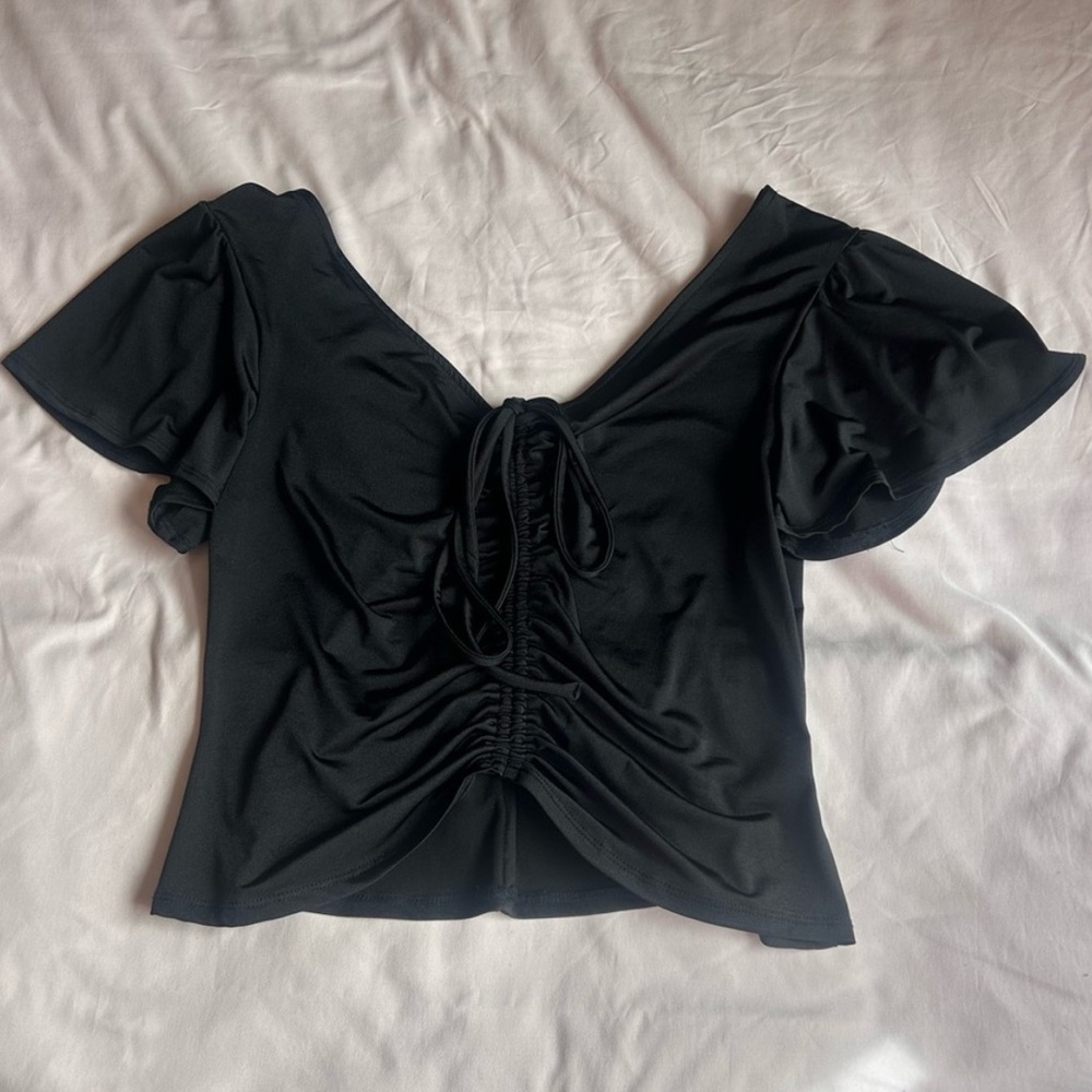 Black Ruched Puff Sleeve Top – Size Medium